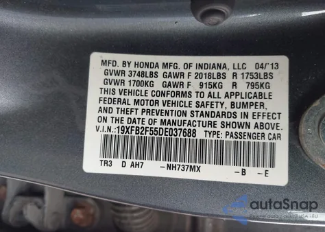 2013 Honda Civic Lx из США, поврежденный, VIN 19XFB2F55DE037688